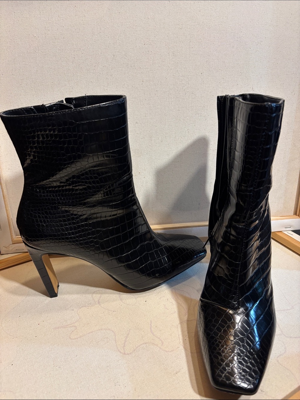 Women's Black Croc-Embossed High Heel Ankle Boots